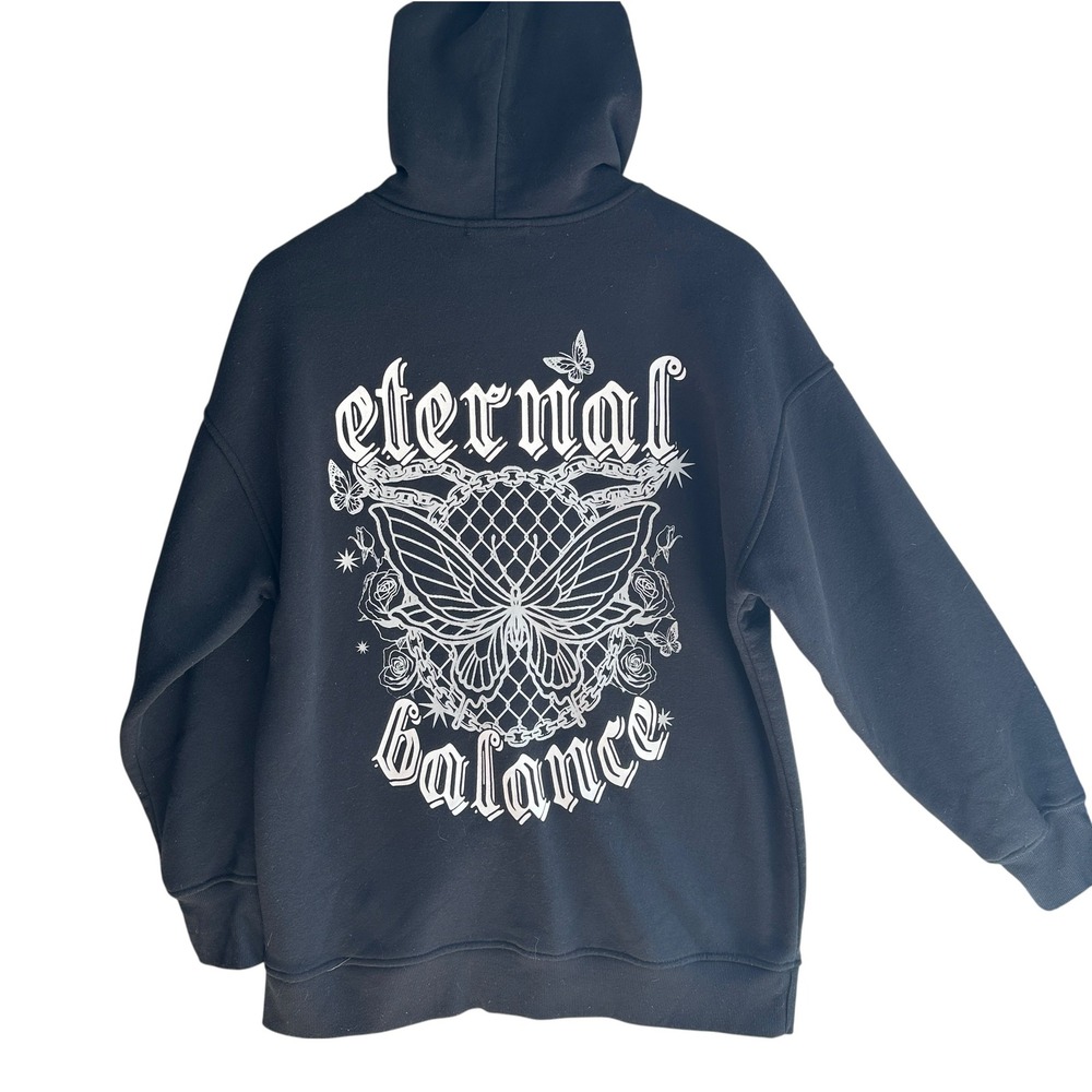 Forever 21 Black Hoodie Butterfly Goth Y2K Eternal Balance Graphic Small Grunge